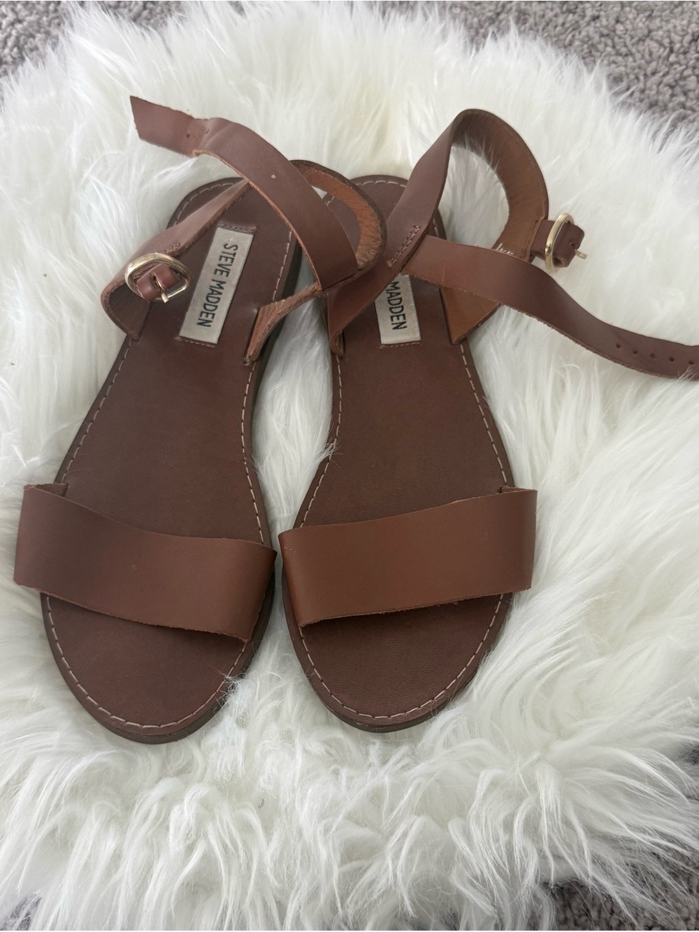 Steve Madden Brown Leather Ankle-Strap Flat Sandals
